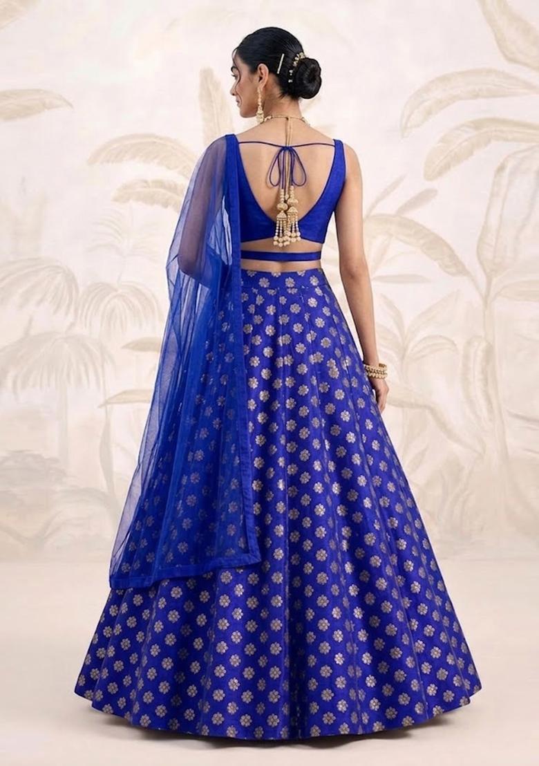 Royal Blue Zari Brocade Lehenga Set - Indya