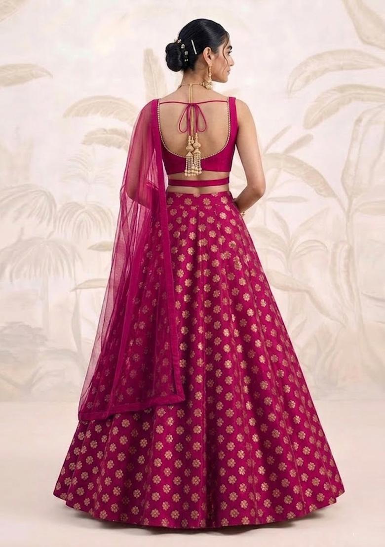 Rani Pink Zari Brocade Lehenga Set - Indya