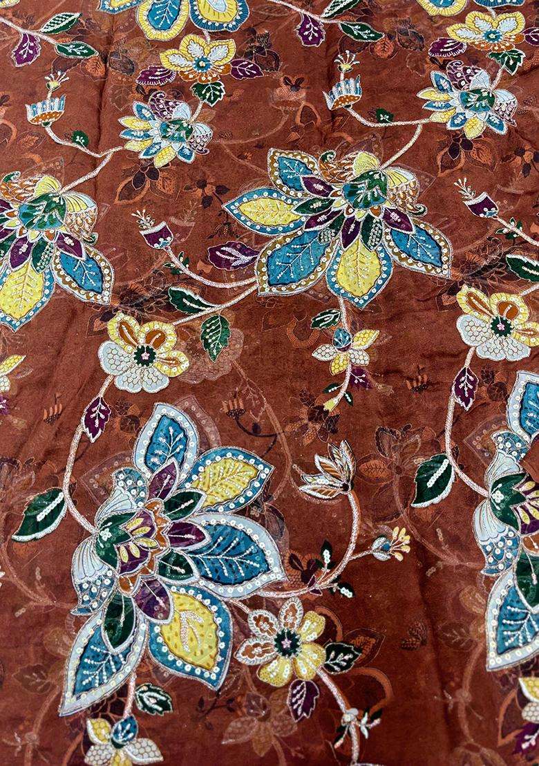 Rust Brown Printed Organza Fusion Set - Indya