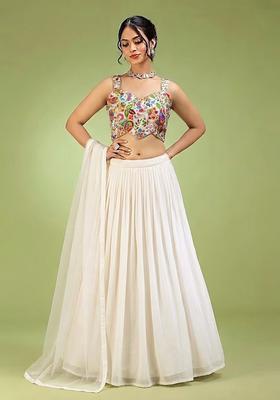 Off White Printed Crepe Lehenga Set