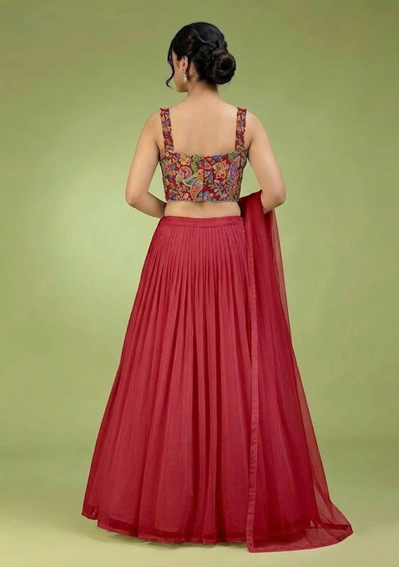 Dark Red Printed Crepe Lehenga Set - Indya