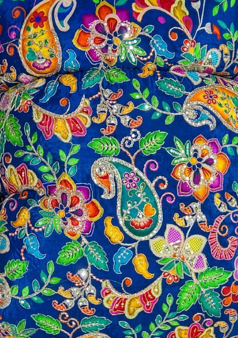 Royal Blue Printed Crepe Lehenga Set - Indya