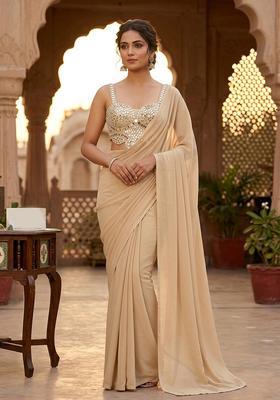 Sand Beige Handwork Pre Draped Saree Set
