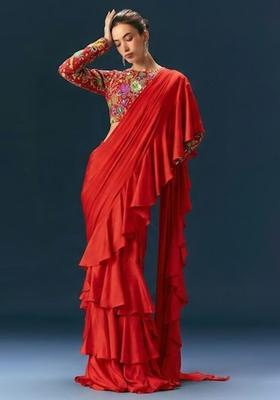 Red Printed Crepe Fusion Set