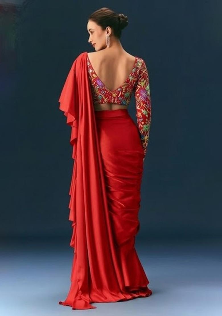 Red Printed Crepe Fusion Set - Indya