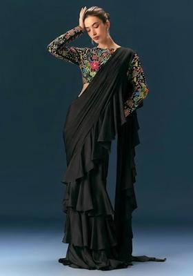 Jet Black Printed Crepe Pre Draped Saree Set