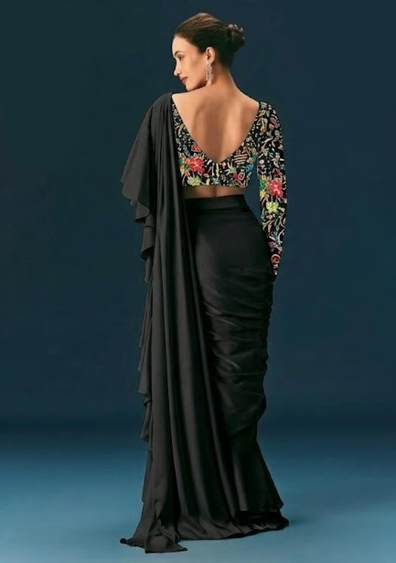 Jet Black Printed Crepe Pre Draped Saree Set - Indya