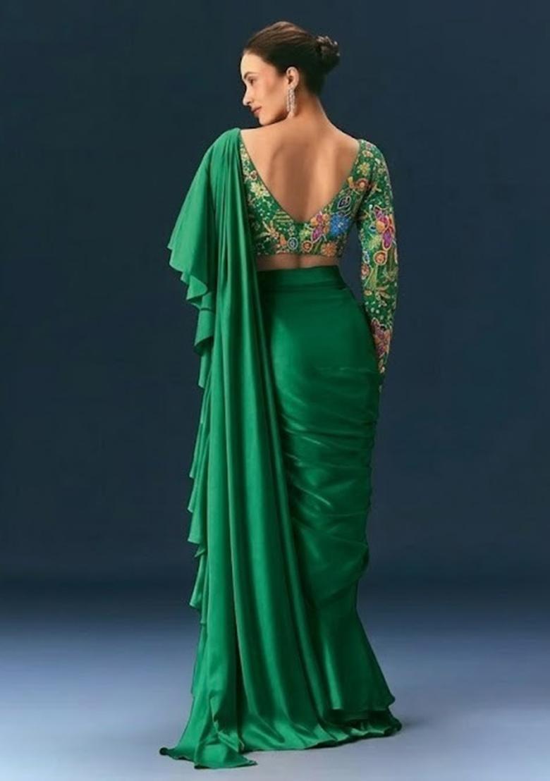 Emerald Green Printed Crepe Pre Draped Saree Set - Indya