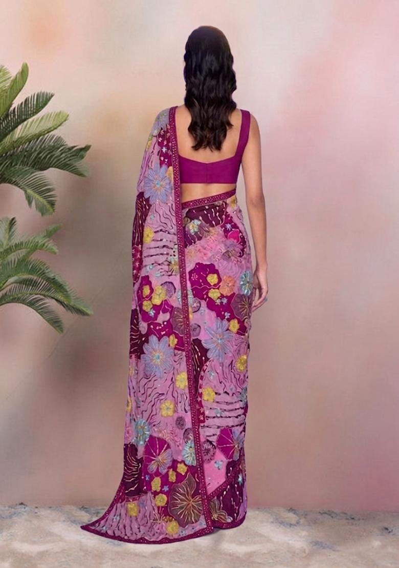 Magenta Pink Printed Crepe Pre Draped Saree Set - Indya