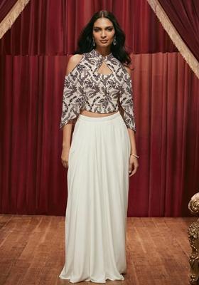 Off White Embroidered Net Fusion Set