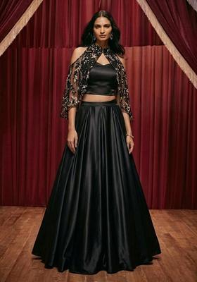 Jet Black Embroidered Net Lehenga Set