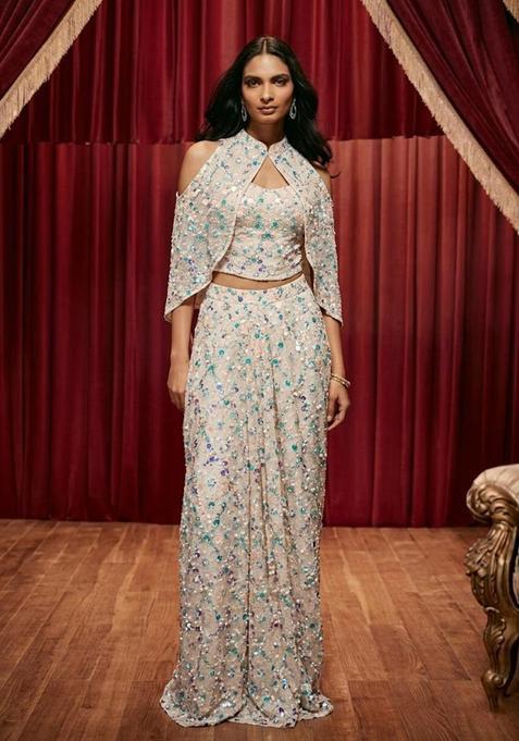 Ivory Peach Embroidered Net Fusion Set