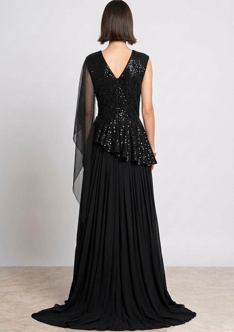 Jet Black Sequin Net Fusion Set - Indya
