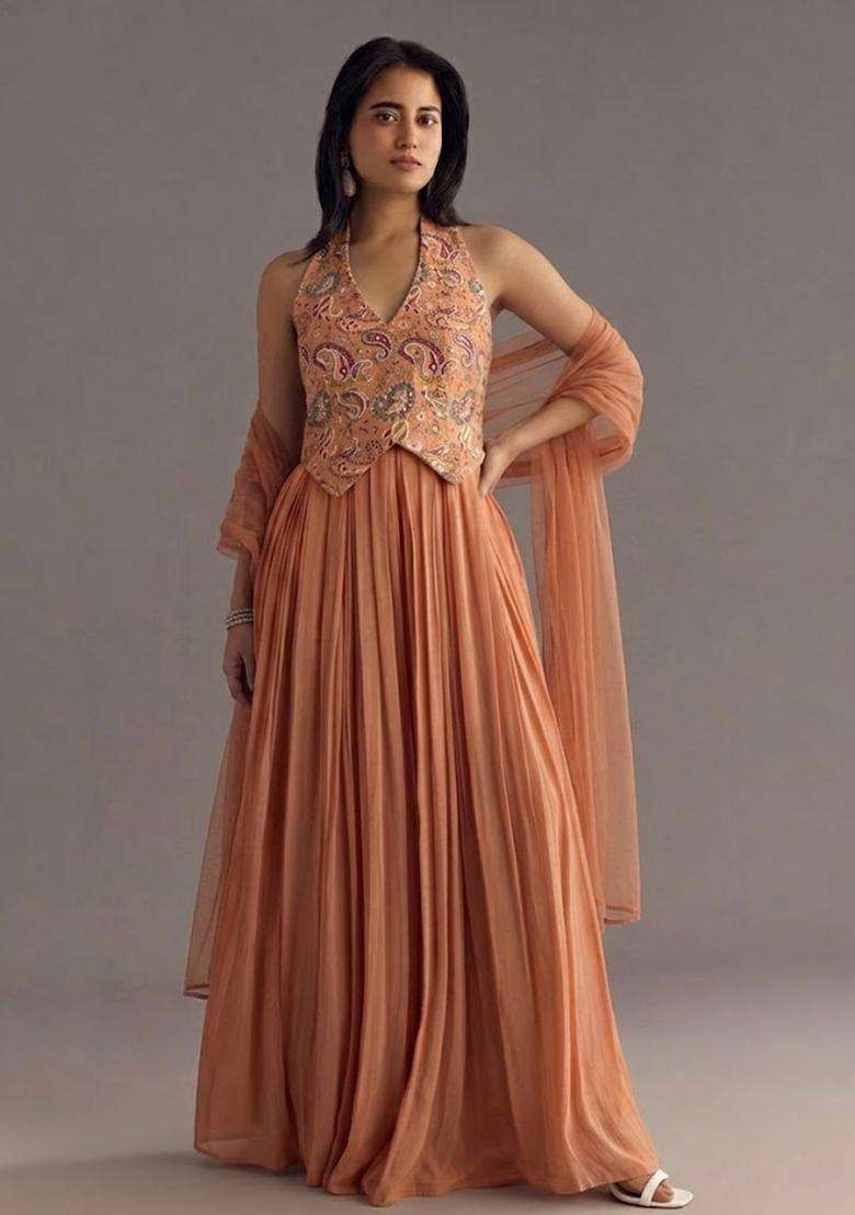 Peach Printed Crepe Fusion Set - Indya