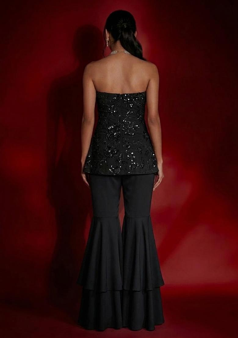 Jet Black Embroidered Georgette Fusion Set - Indya