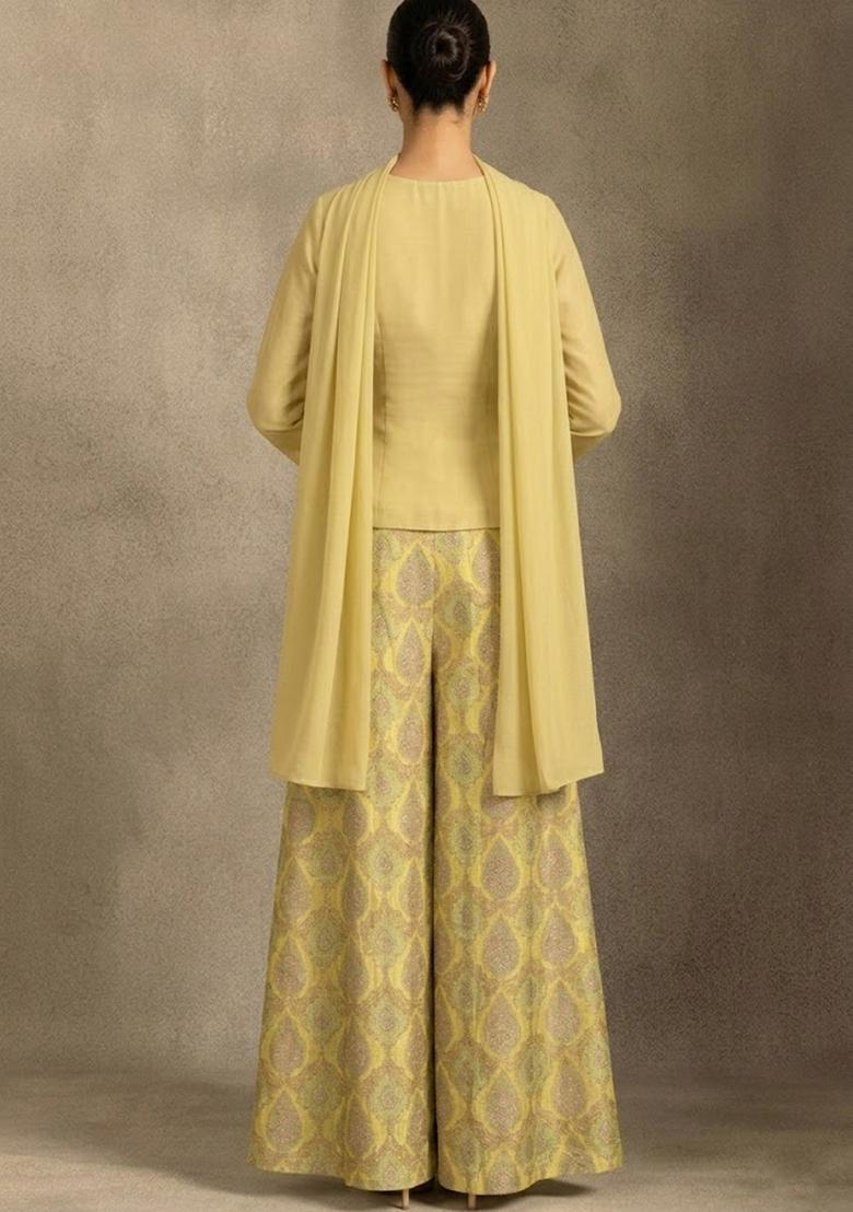 Pastel Yellow Printed Fusion Set - Indya