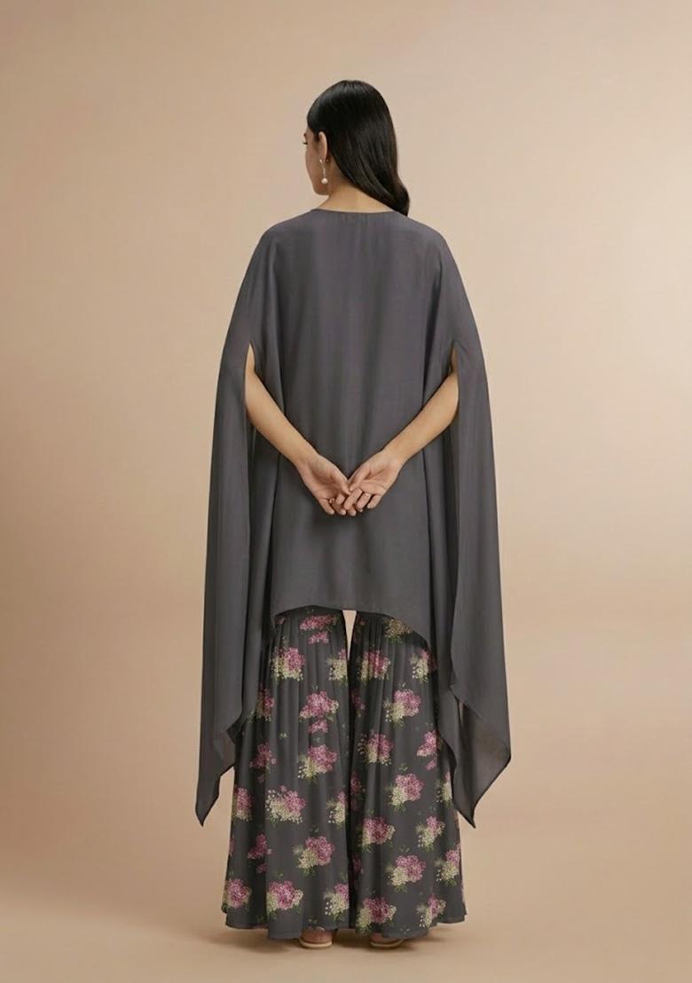 Charcoal Grey Printed Georgette Fusion Set - Indya