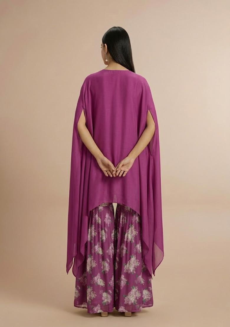 Magenta Purple Printed Georgette Fusion Set - Indya