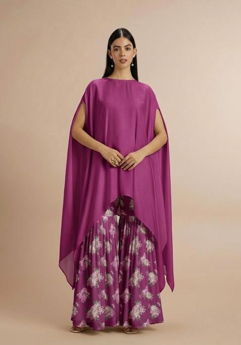 Magenta Purple Printed Georgette Fusion Set