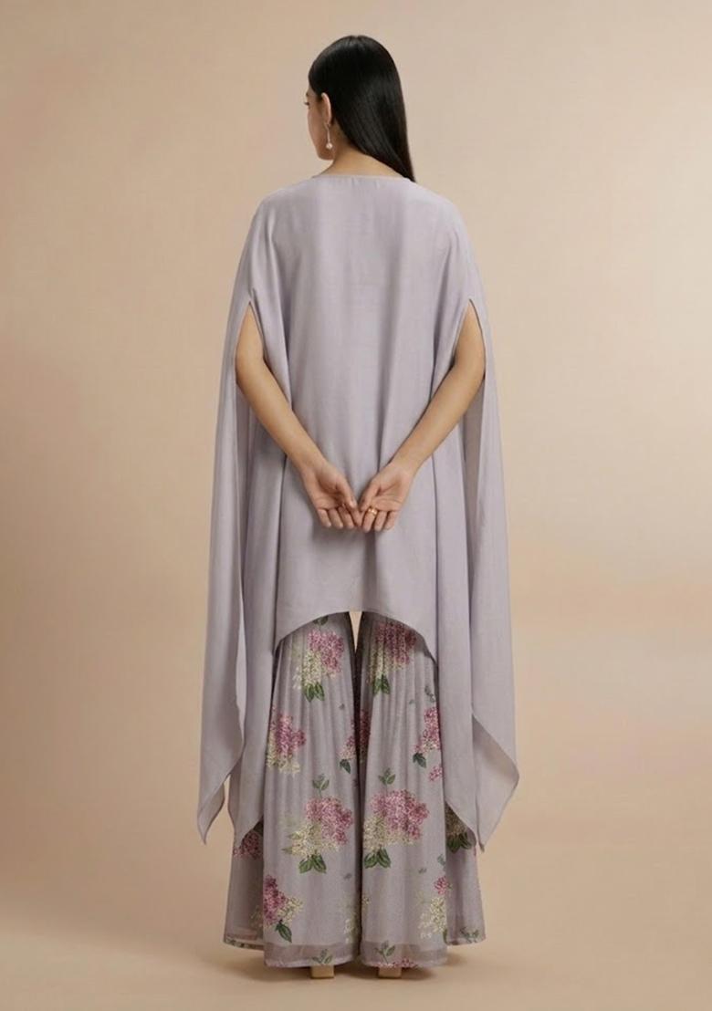 Lavender Grey Printed Georgette Fusion Set - Indya