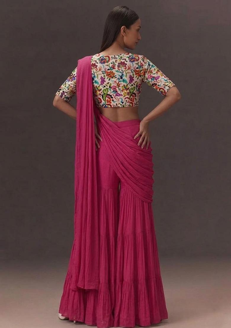 Pearl White Printed Crepe Fusion Set - Indya