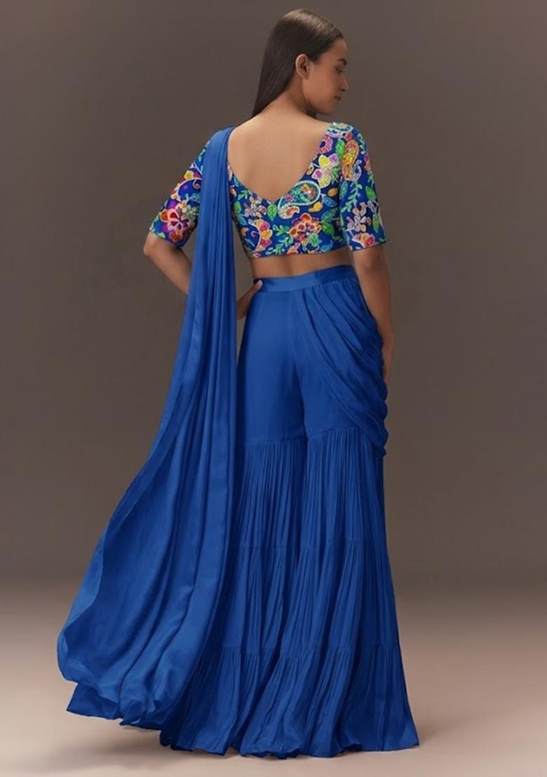Royal Blue Printed Crepe Fusion Set - Indya