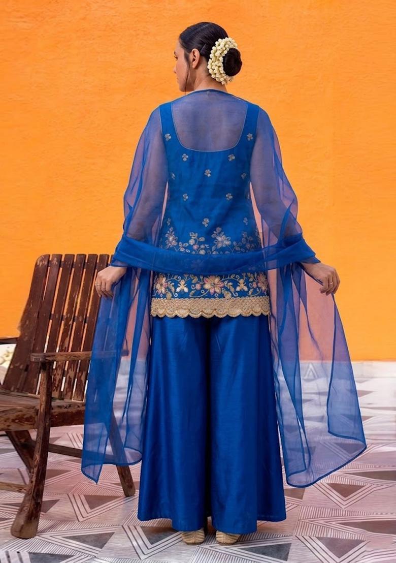 Sapphire Blue Embroidered Crepe Sharara Set - Indya