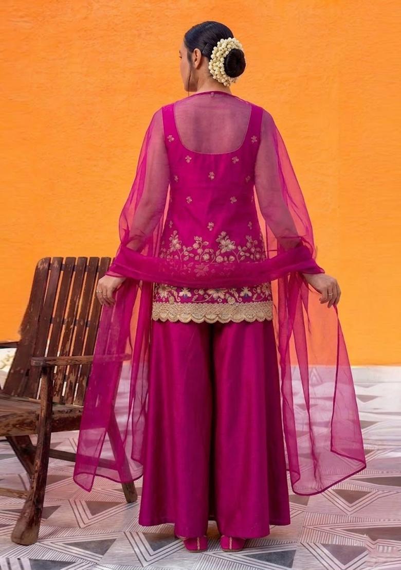 Magenta Embroidered Crepe Sharara Set - Indya