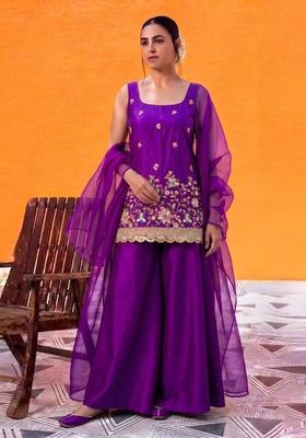Purple Embroidered Crepe Sharara Set