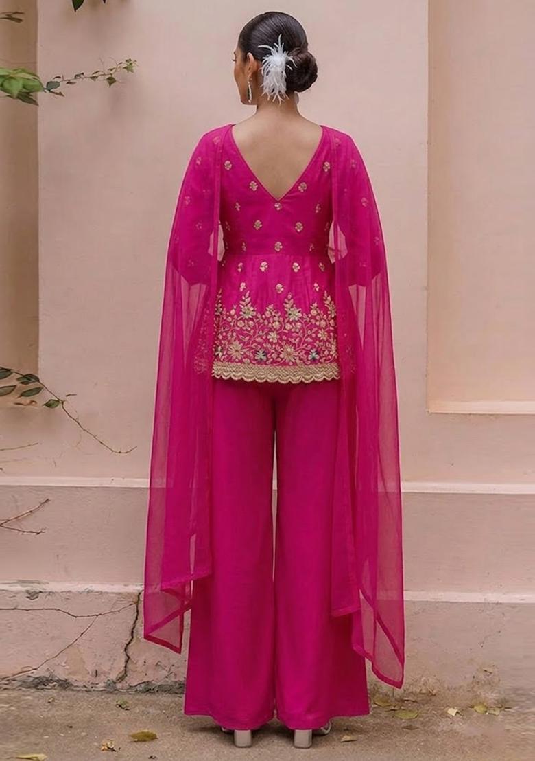 Rani Pink Embroidered Crepe Sharara Set - Indya