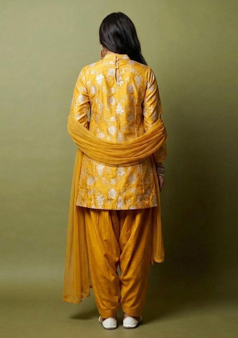 Mustard Yellow Brocade Kurta Set - Indya