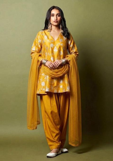 Mustard Yellow Brocade Kurta Set