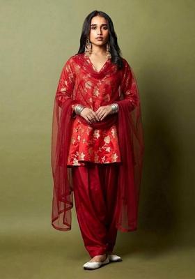 Red Brocade Kurta Set