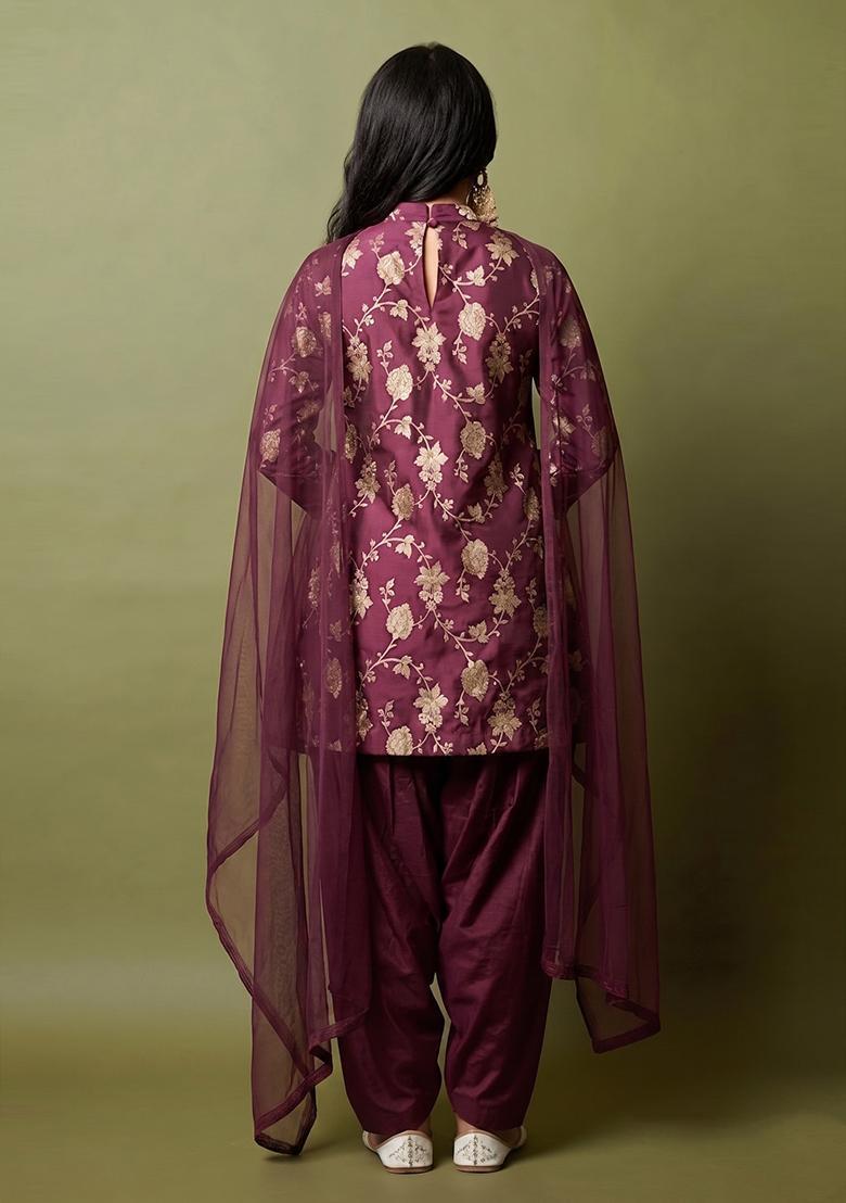 Deep Wine Brocade Kurta Set - Indya