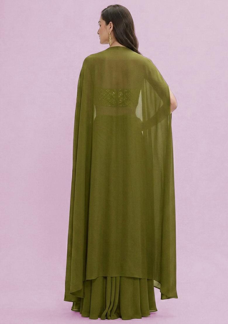 Olive Green Embroidered Crepe Fusion Set - Indya