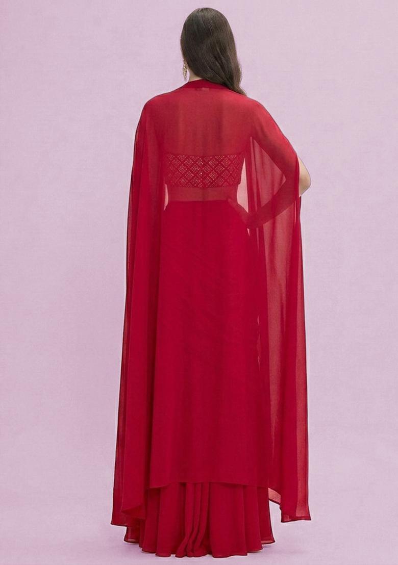 Crimson Red Embroidered Crepe Fusion Set - Indya