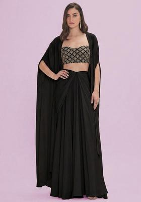 Black Embroidered Crepe Fusion Set