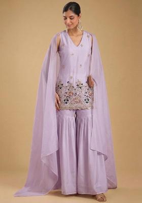 Soft Lavender Embroidered Crepe Sharara Set