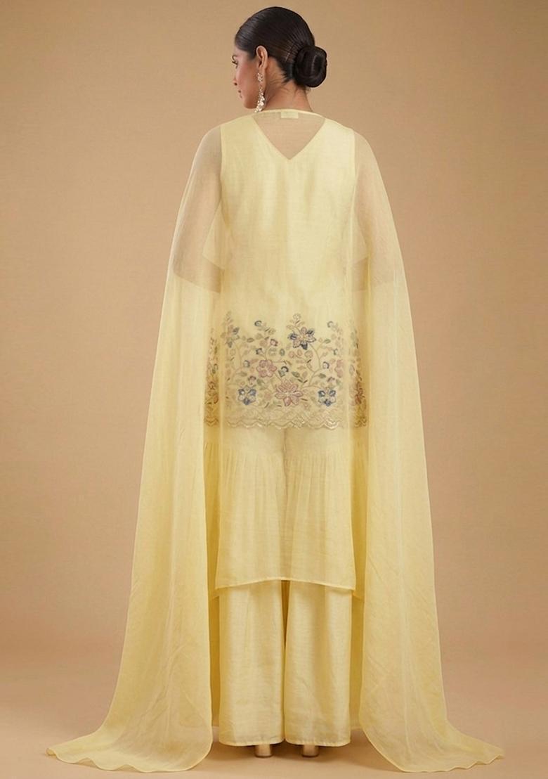 Pastel Yellow Embroidered Crepe Sharara Set - Indya