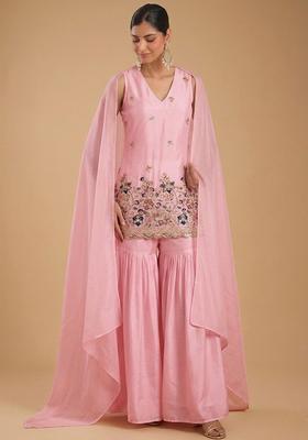Pink Embroidered Crepe Sharara Set
