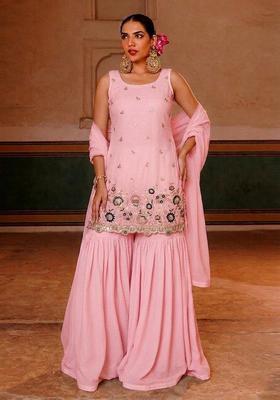 Pink Embroidered Crepe Sharara Set