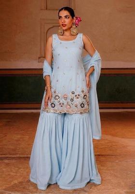 Pastel Blue Embroidered Crepe Sharara Set