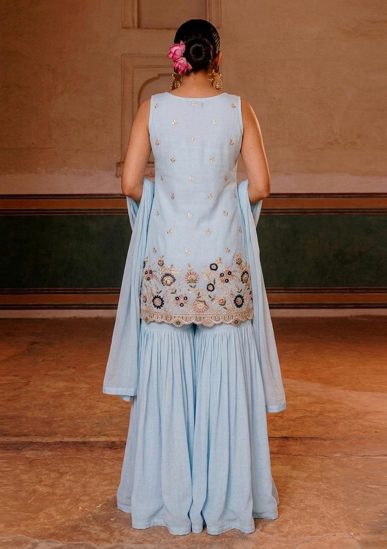 Pastel Blue Embroidered Crepe Sharara Set - Indya