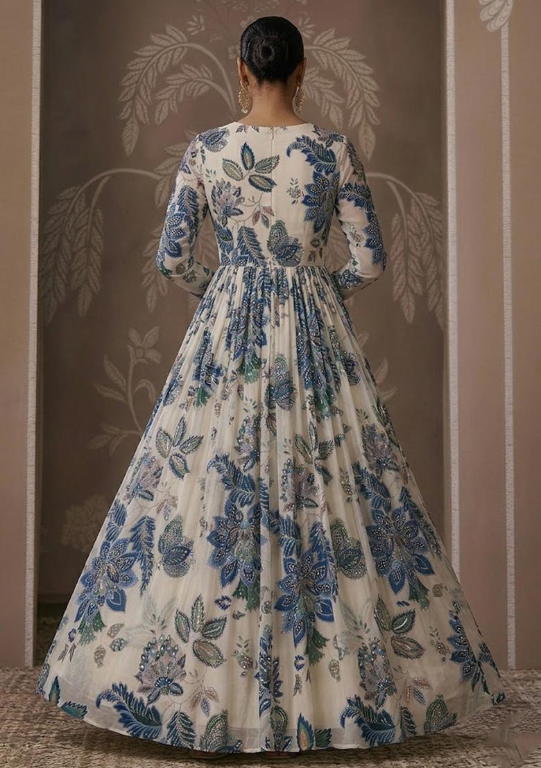 Off White Printed Organza Anarkali - Indya