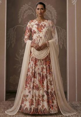 Cream White Printed Organza Anarkali