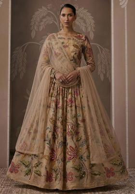 Golden Beige Embroidered Organza Anarkali