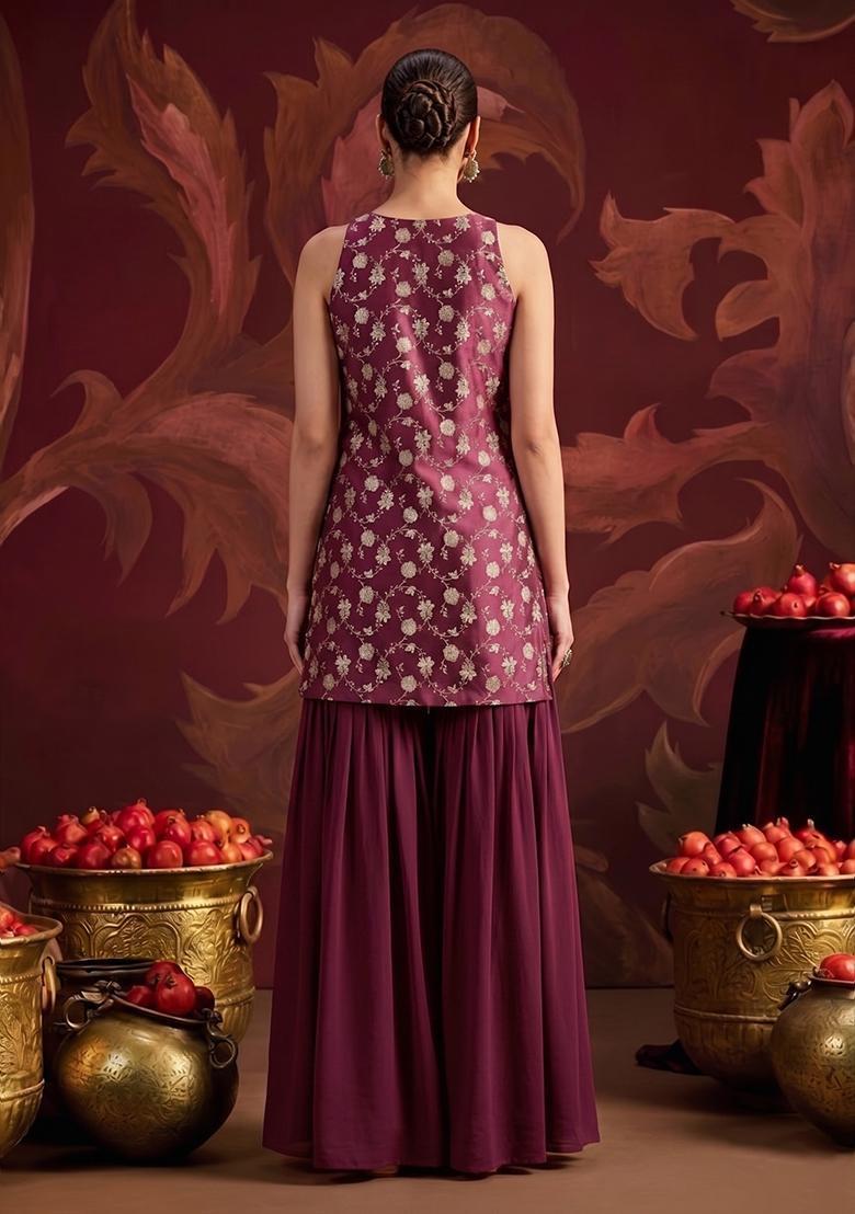 Wine Pink Brocade Sharara Set - Indya