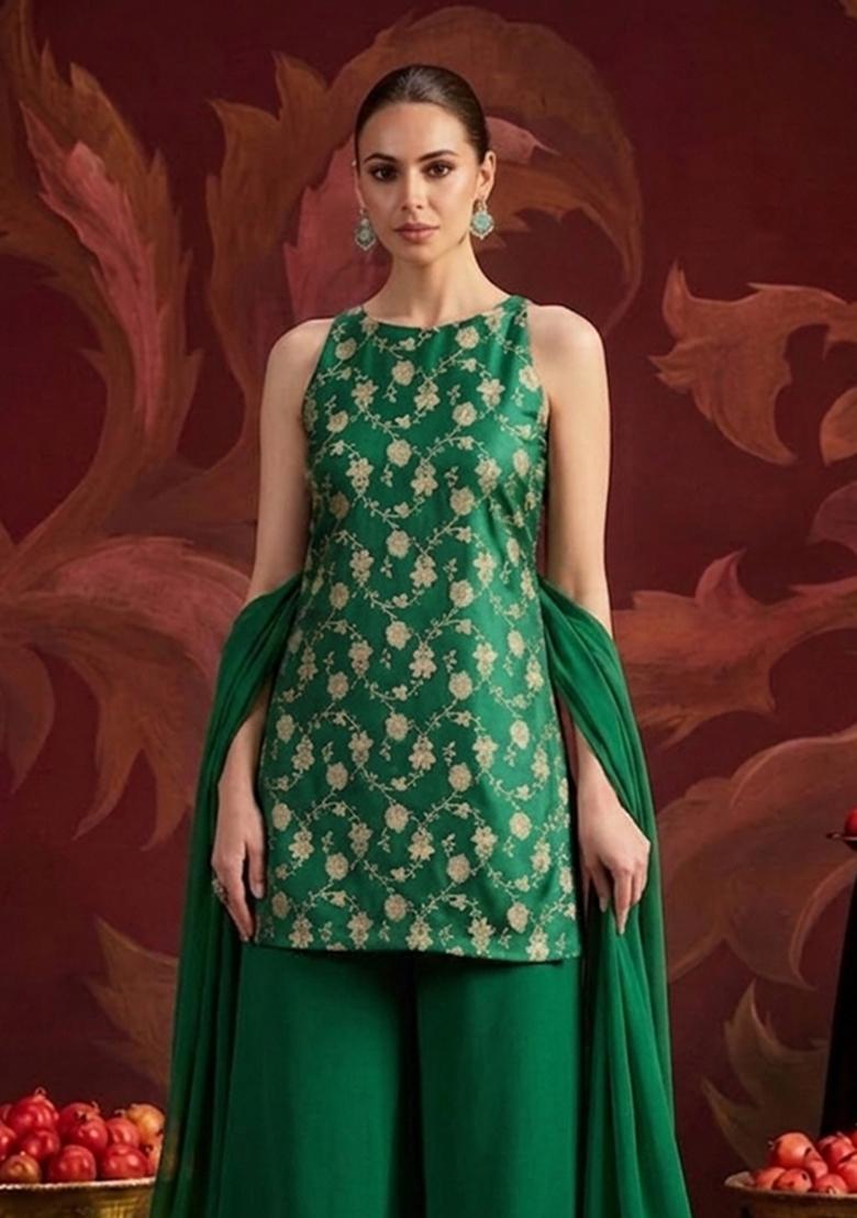Emerald Green Brocade Sharara Set - Indya