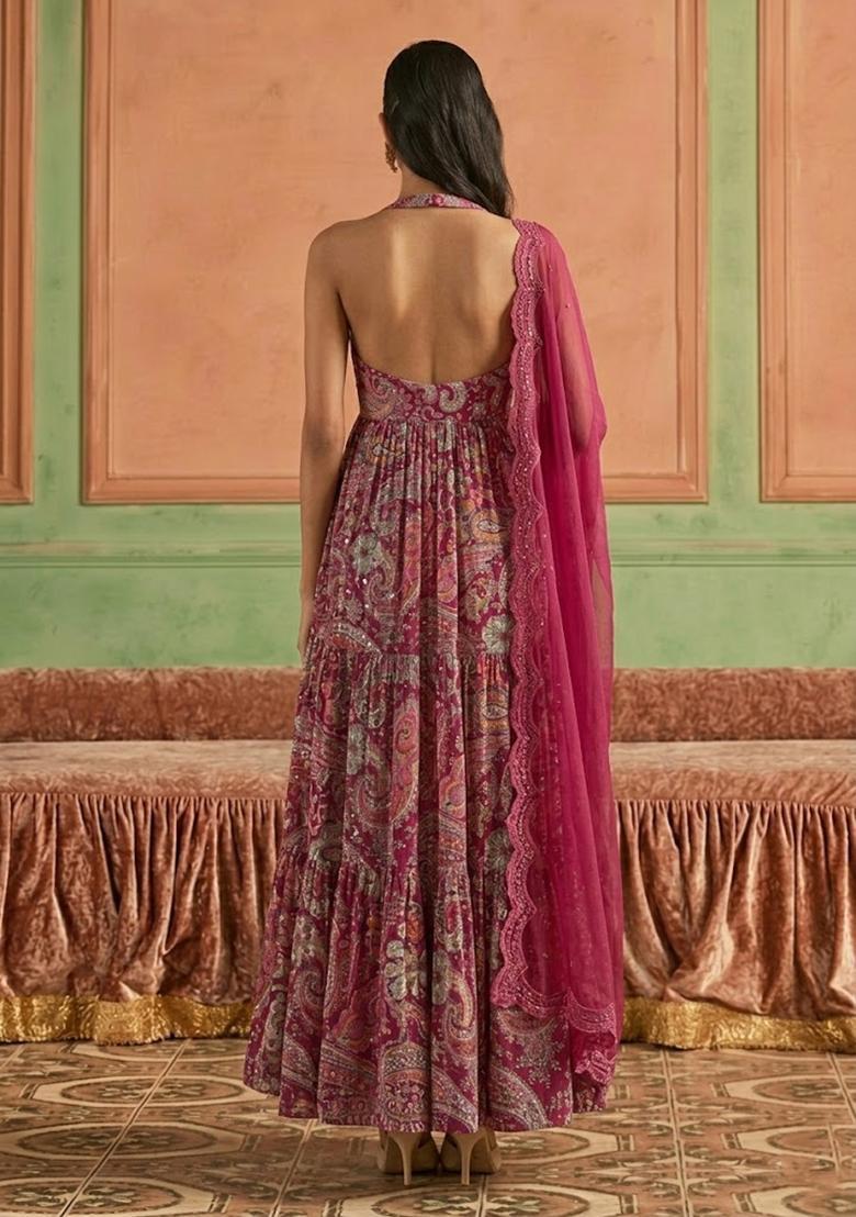 Rani Pink Printed Crepe Anarkali with Dupatta - Indya