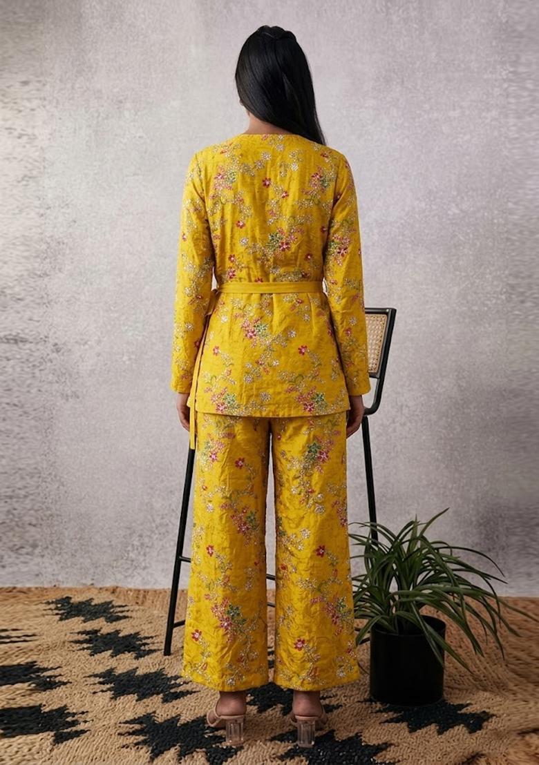 Mustard Yellow Embroidered Crepe Fusion Set - Indya